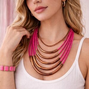 Vintage Boho Necklace & Bracelet Set | Pink Beads + Copper Accents